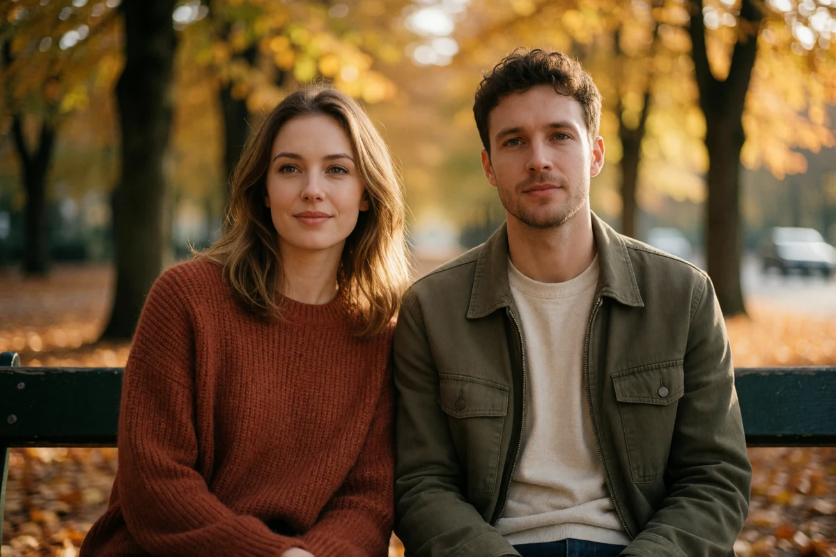 European woman and man sitting side by side on a park bench in comfortable silence during golden hour