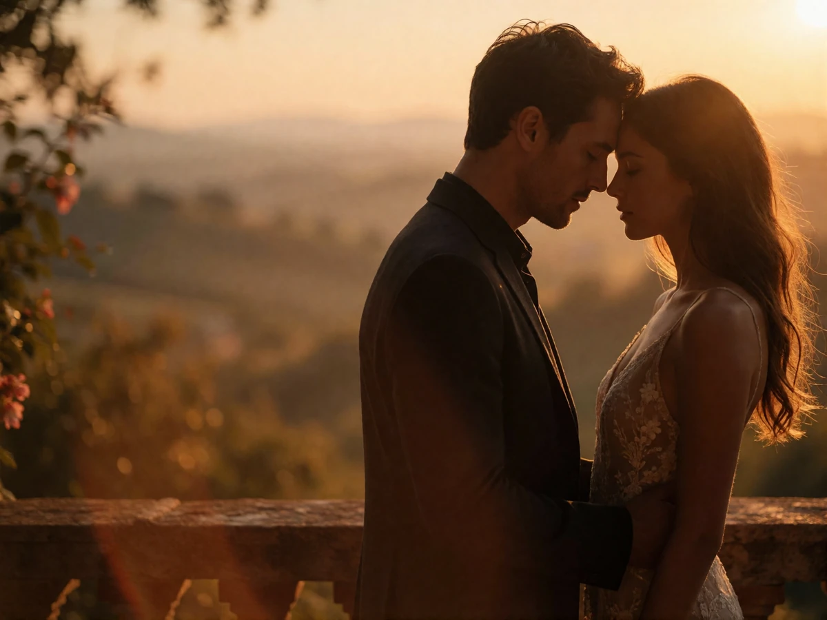Couple standing forehead to forehead in golden silhouette above the Italian countryside at sunset