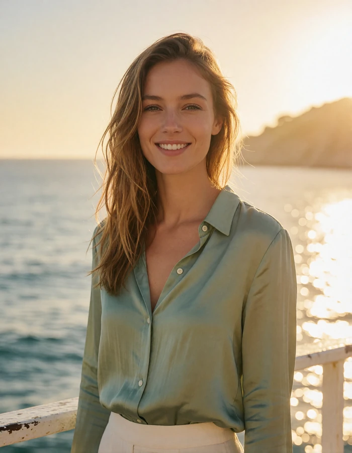 Light brown-haired woman in a sage blouse at a seafront railing overlooking the open Mediterranean