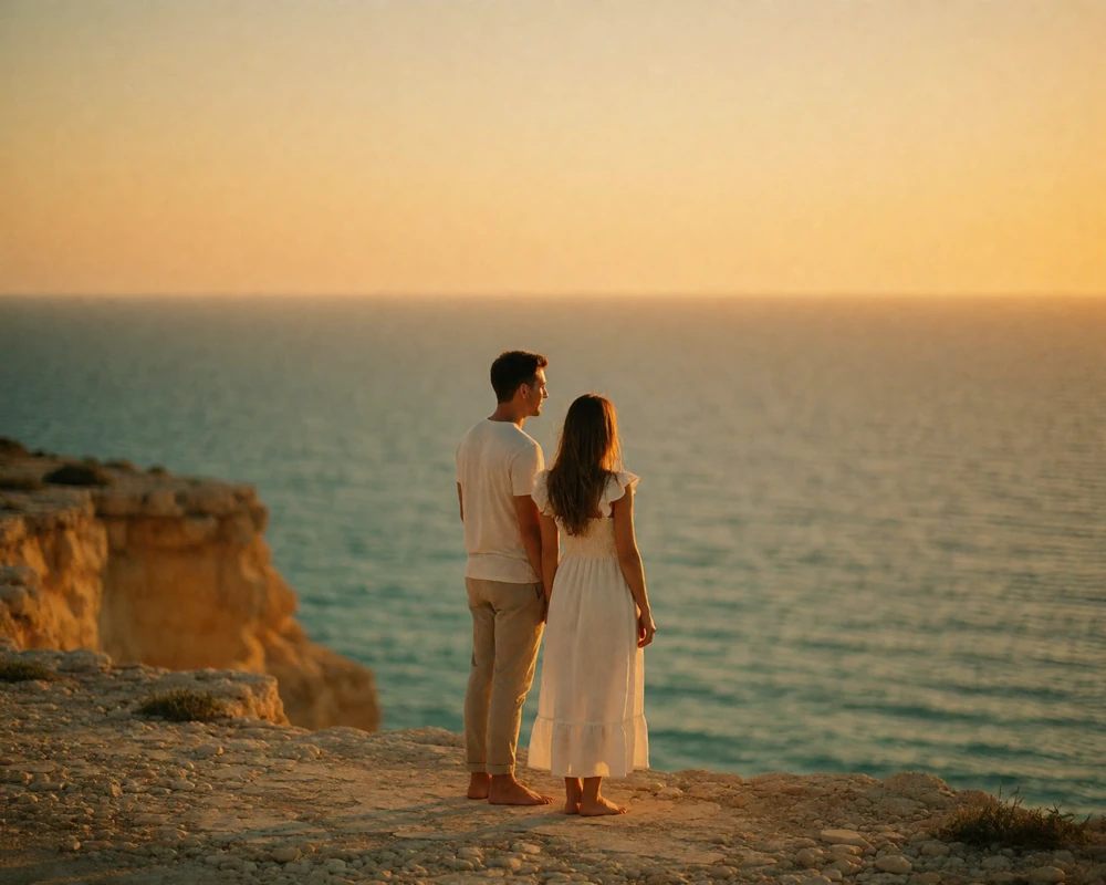 Couple standing together on a coastal cliff shelf watching the sunset over the Mediterranean in Malta
