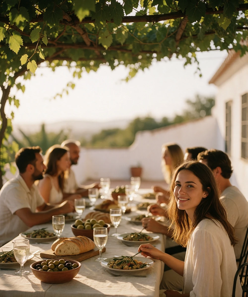 Spanish woman smiling at a long alfresco lunch table on a sunlit terrace with family members nearby
