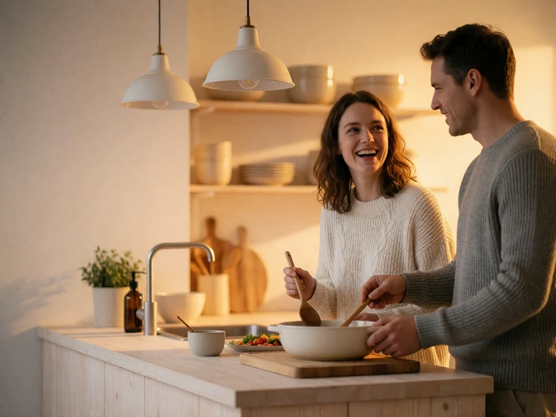 Couple cooking together at a pale wooden kitchen counter, laughing during a warm evening at home