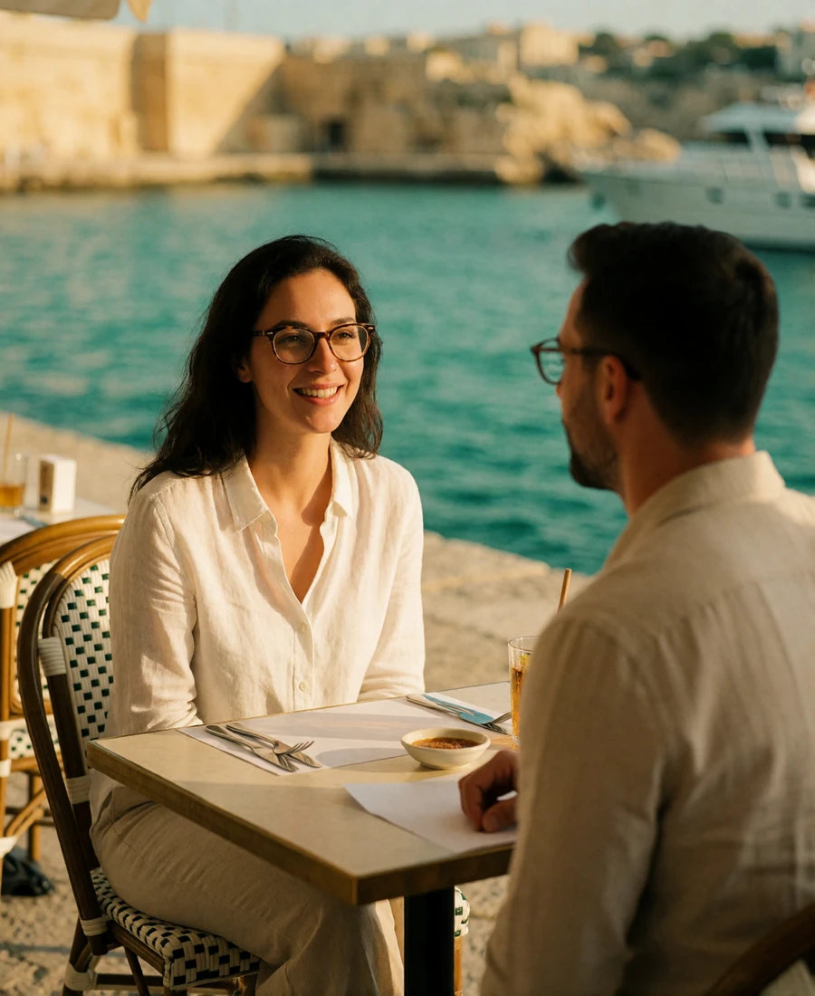 Couple sitting at a waterfront café table overlooking turquoise harbour water in Malta