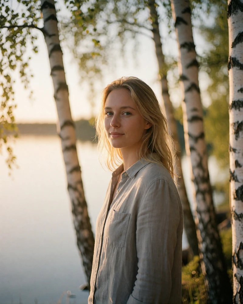 Finnish woman in a grey linen shirt among birch trees on a quiet lakeshore