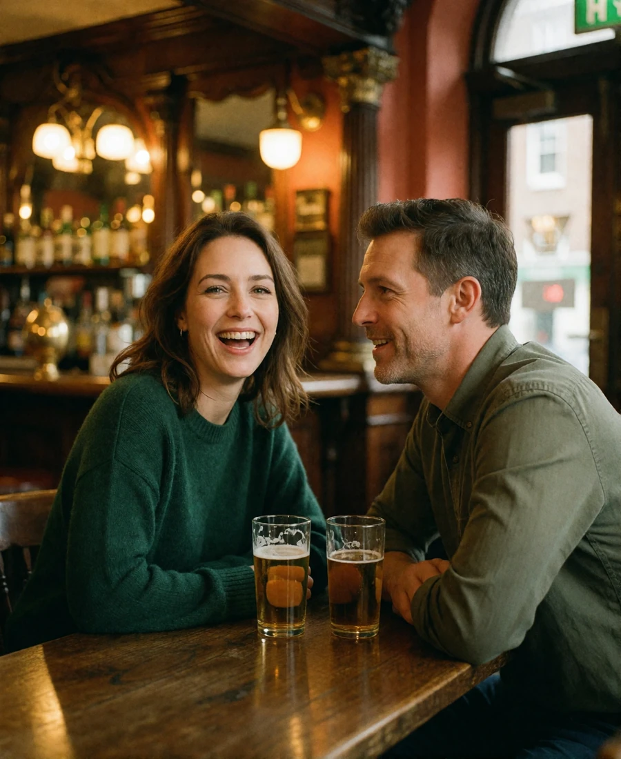 Couple laughing together over drinks at a wooden table in a cozy traditional Irish pub