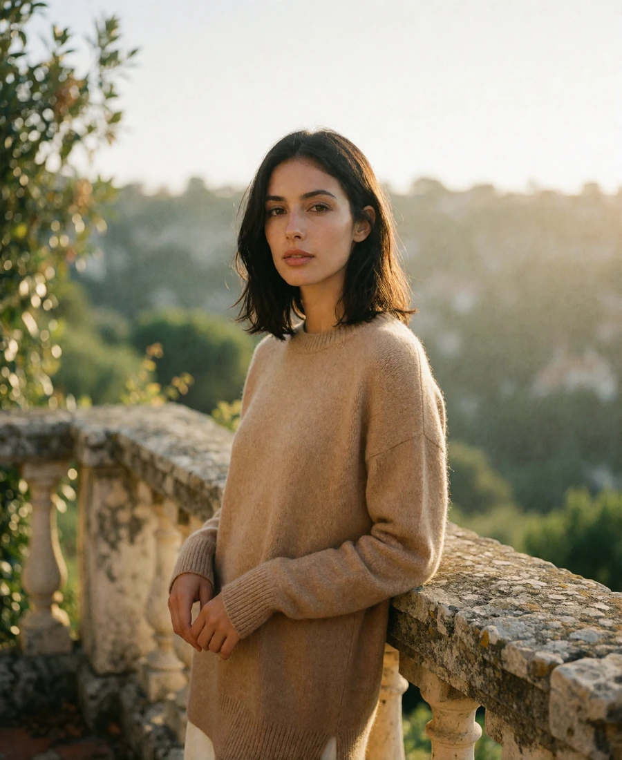 San Marinese woman in a camel knit standing on a stone terrace overlooking a hazy valley at golden hour