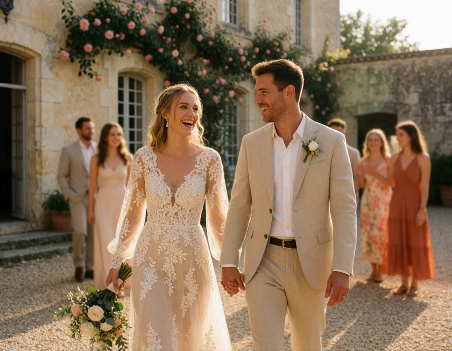 Bride and groom laughing as they walk through the sunlit courtyard of a French country château