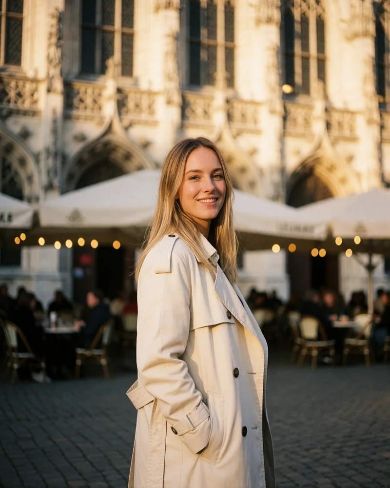 Belgian woman in a cream trench coat smiling in a Leuven university square