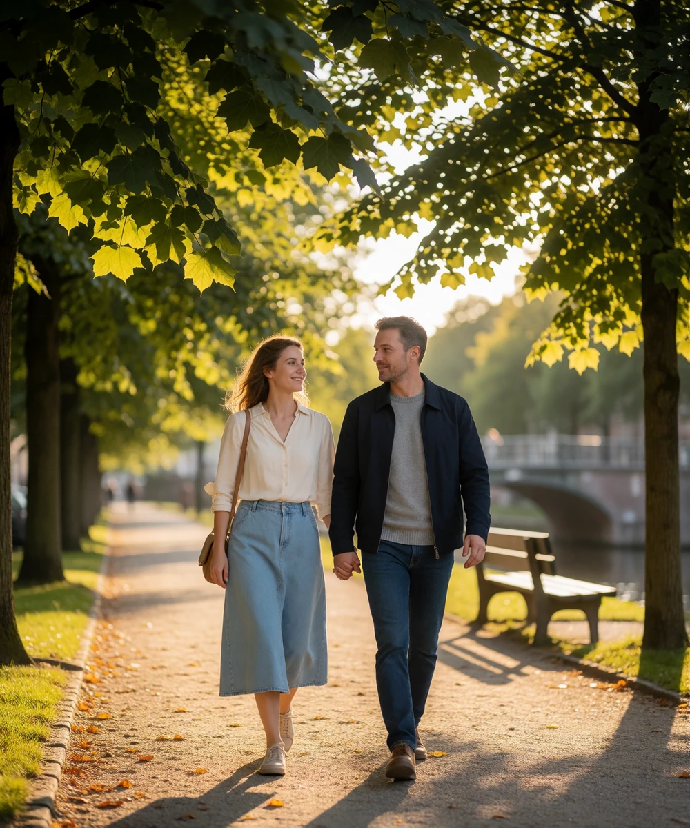 Couple walking hand in hand along a tree-lined gravel path in a city park during golden hour