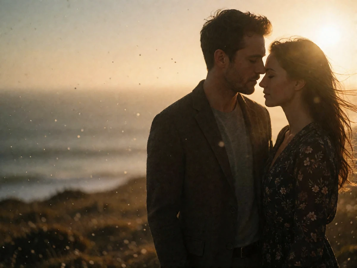 Couple standing together on a windswept Atlantic headland at sunset near Portugal