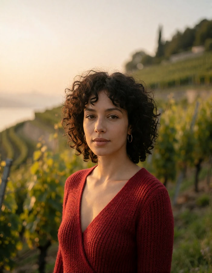 Swiss woman with dark curly hair in a crimson knit top on a vineyard slope above Lake Geneva