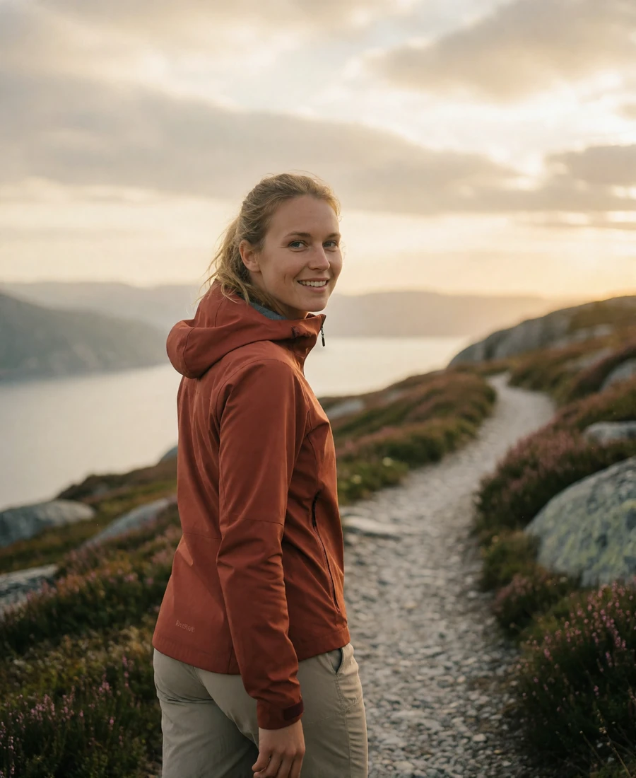 Norwegian woman in a rust jacket smiling on a mountain trail above a fjord at golden hour