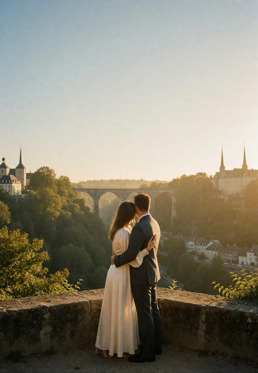 Couple embracing on a stone overlook above the Luxembourg valley at sunset