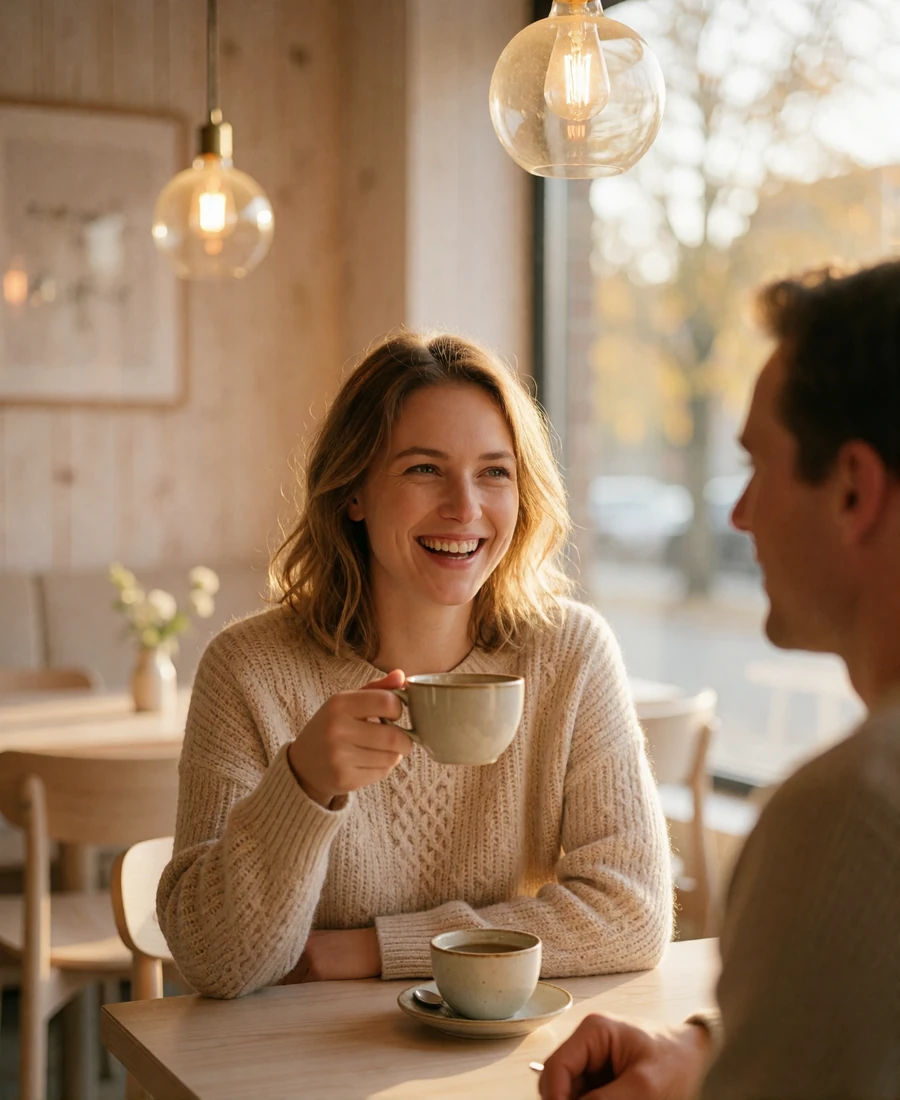 Swedish woman laughing over coffee with a man at a bright Scandinavian cafe table