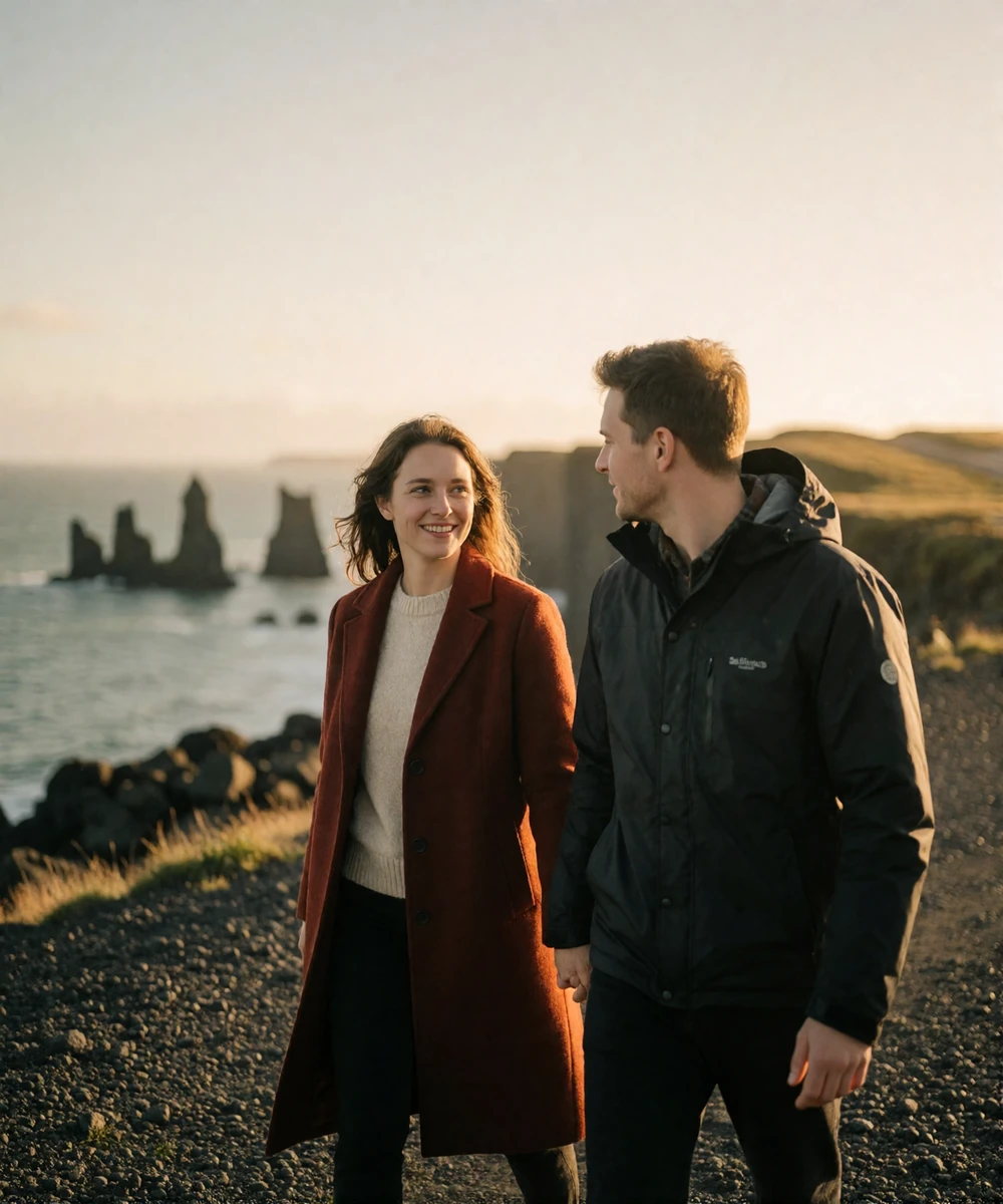 Couple walking along a black-sand coastal track beside cliffs in Iceland at golden hour