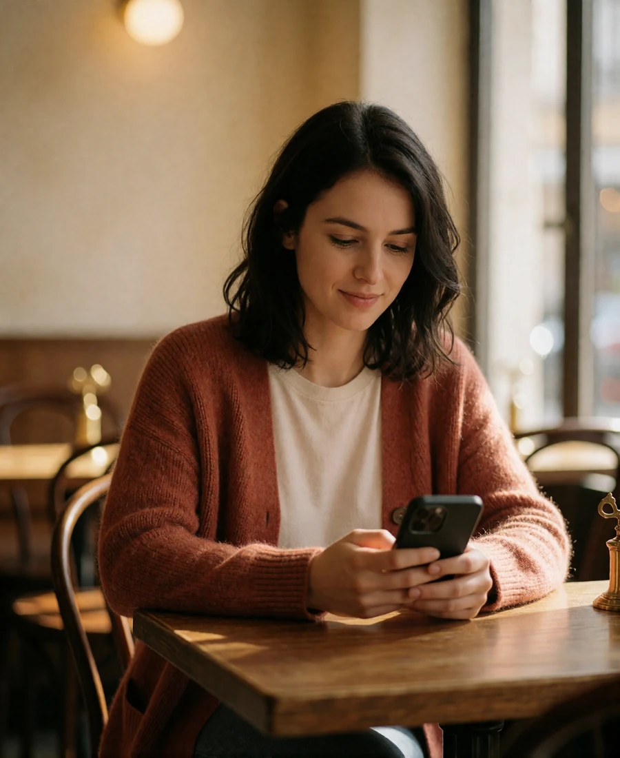 European woman in a rust cardigan glancing at her phone with a faint private smile while seated at a small wooden cafe table