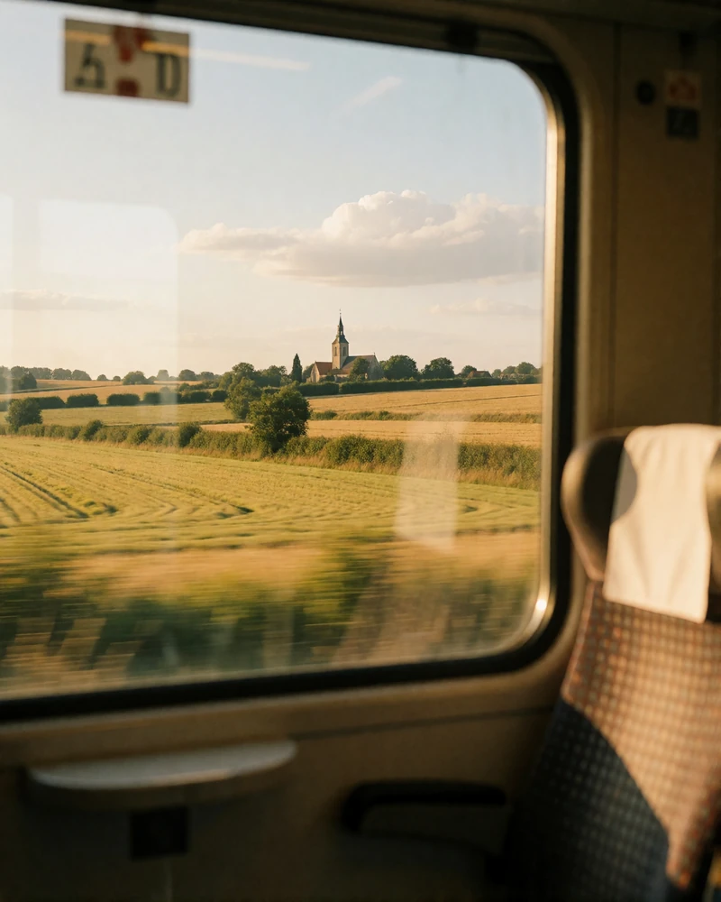 Golden daylight view through a train window over rolling European countryside and hedgerows