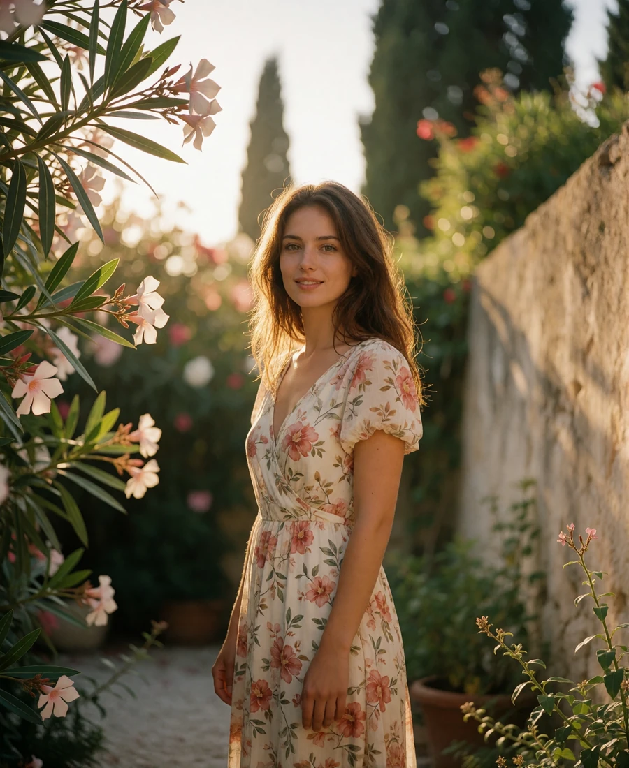 Italian woman in a floral summer dress smiling in a sunlit Mediterranean garden