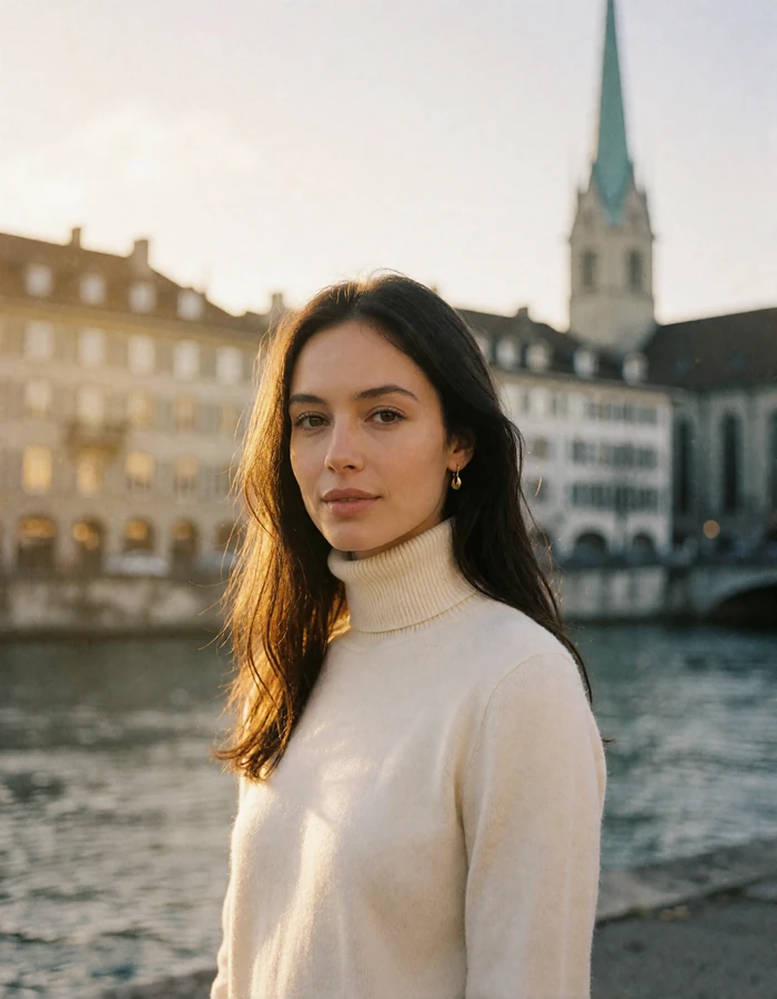 Swiss woman with long dark brown hair standing along a Zurich riverside quay in an ivory turtleneck