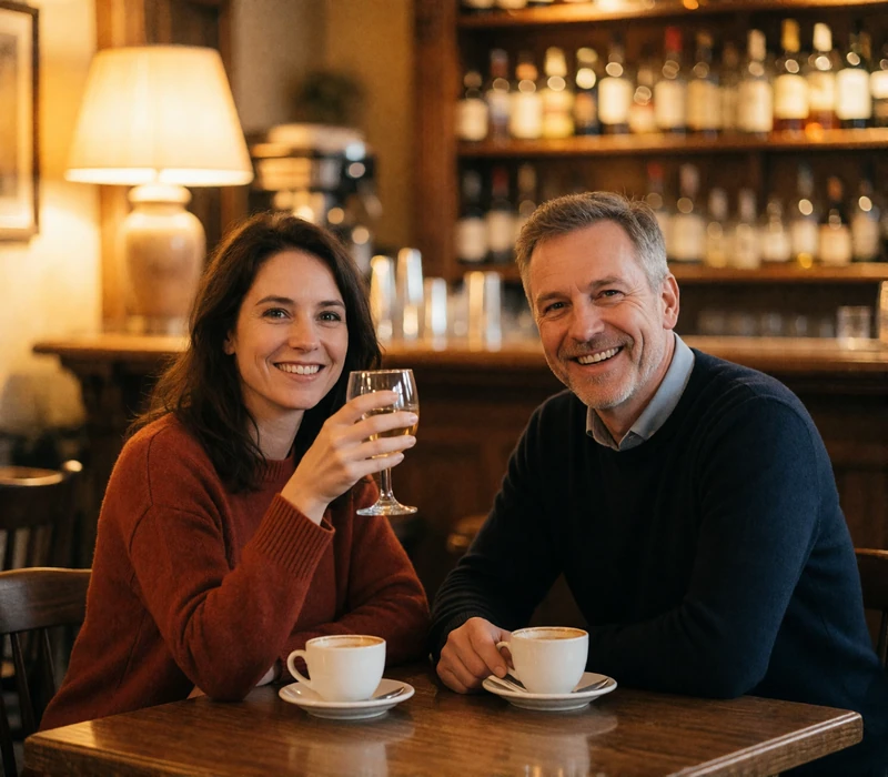 Couple raising a toast together at a café table in a Swiss town in the evening