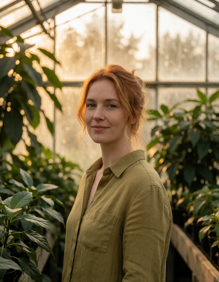 Swedish woman with auburn-blonde hair standing inside a glass greenhouse surrounded by plants
