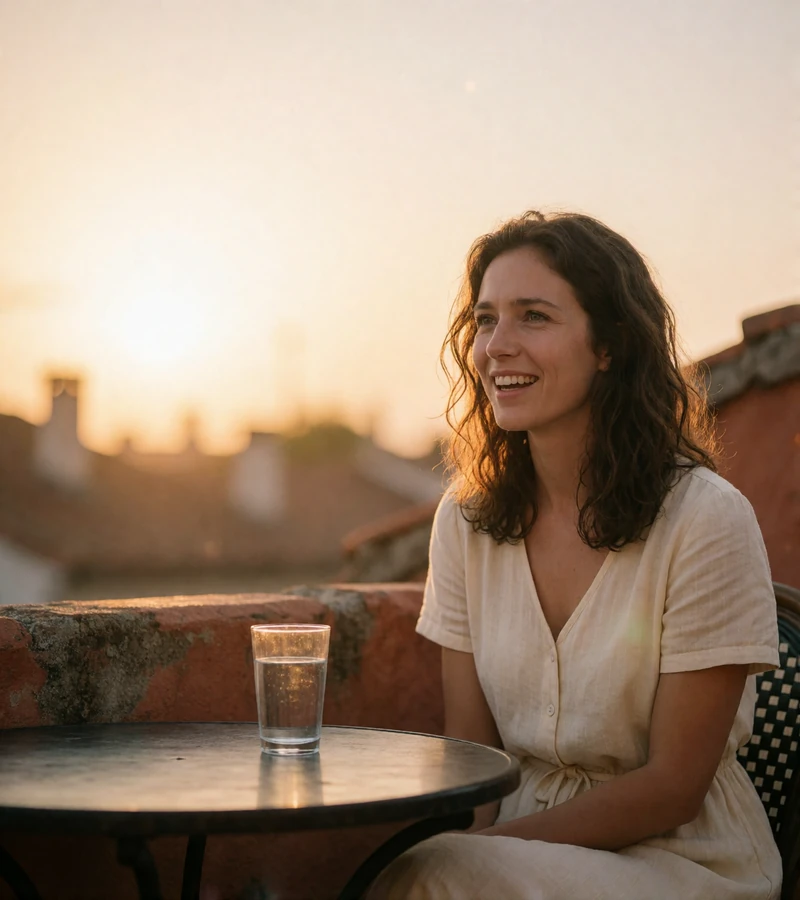 Woman in a cream summer dress smiling with excitement at a terrace table before a first date