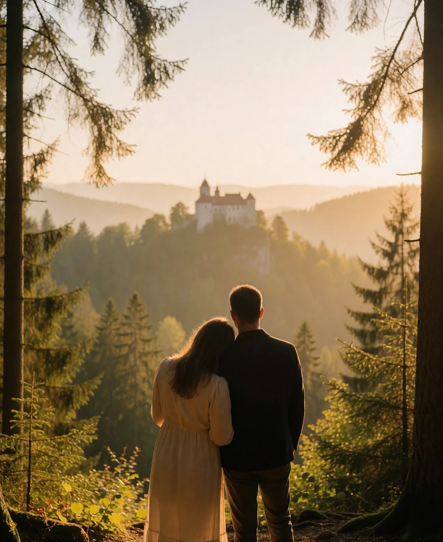 Couple standing together on a wooded overlook in Bavaria with a distant hilltop castle behind them