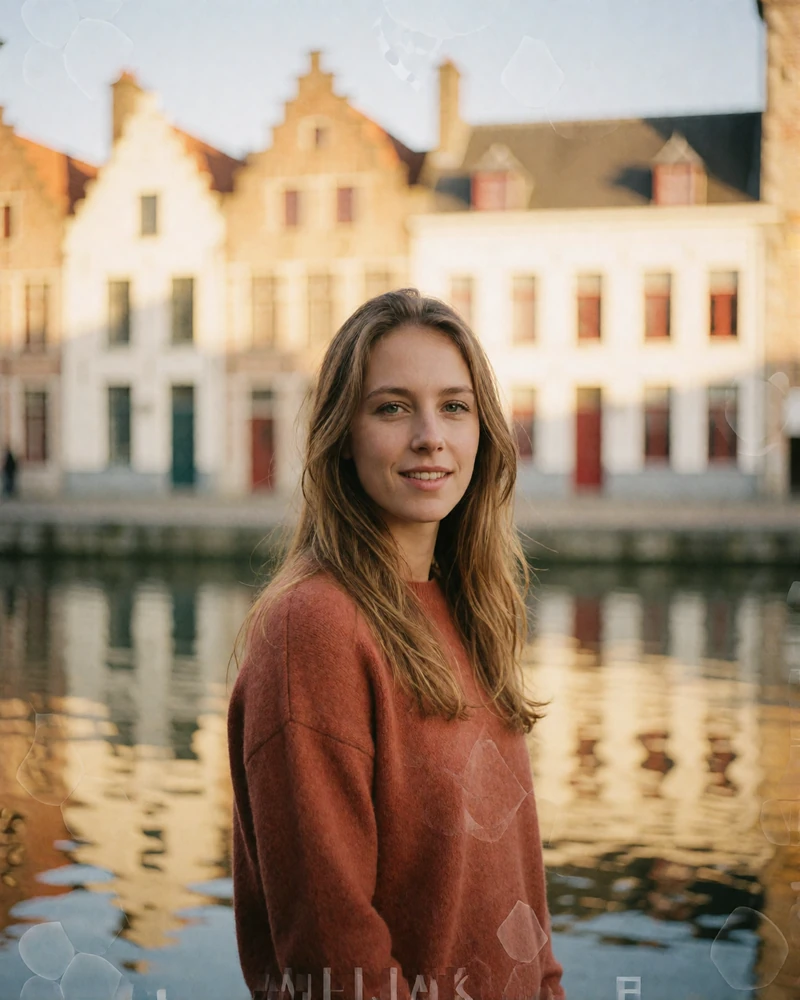 Belgian woman in a rust sweater smiling on a quay in Ghent with medieval guild houses behind her