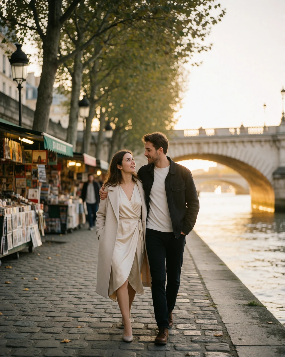 Couple walking arm in arm along a stone quay beside the Seine in Paris at golden hour