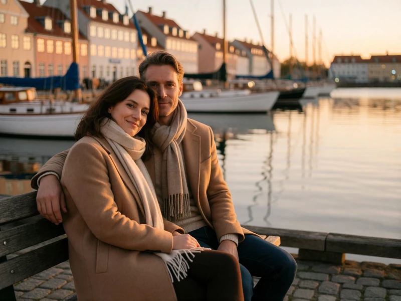 Couple sitting close on a wooden bench beside a quiet Danish harbour in autumn light