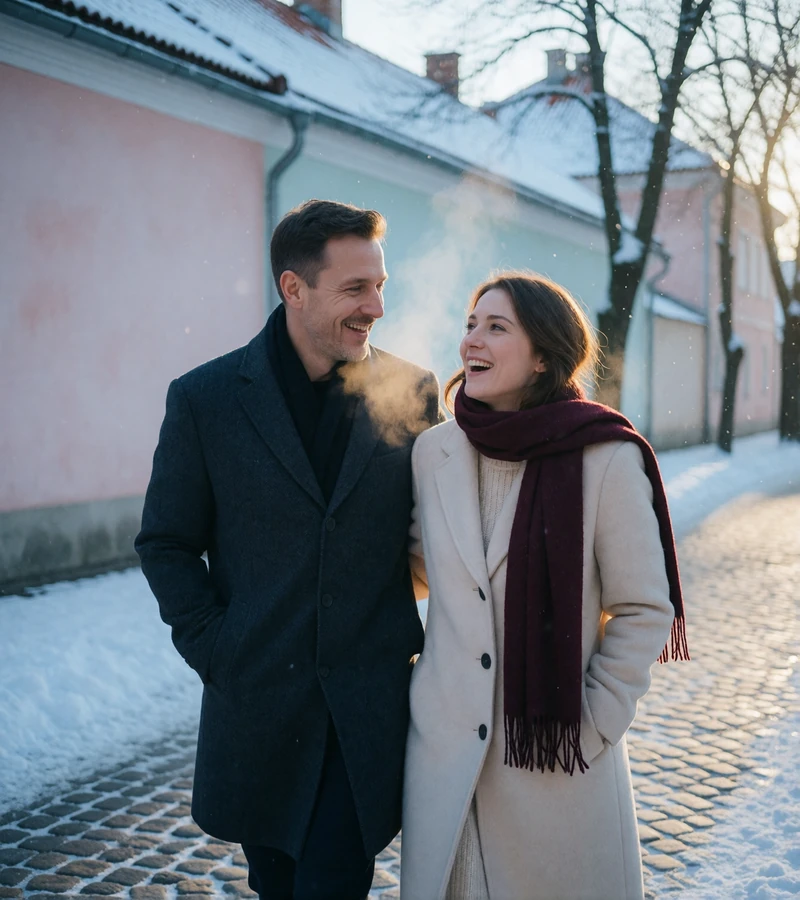 Couple walking together along a snow-dusted cobbled street in a Lithuanian old town