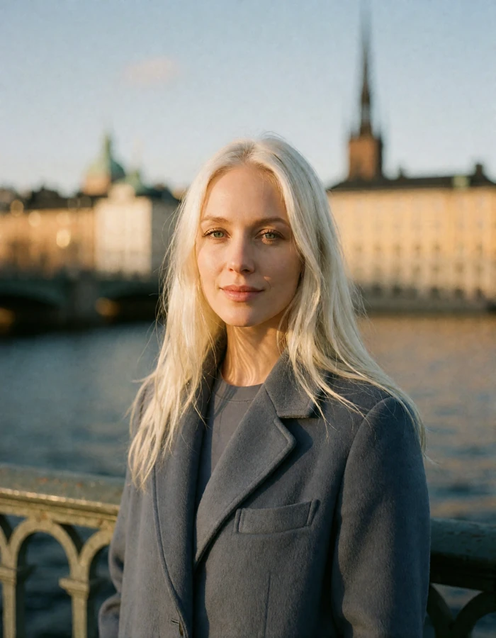 Swedish woman in a slate-grey wool coat standing on a bridge in Stockholm at golden hour
