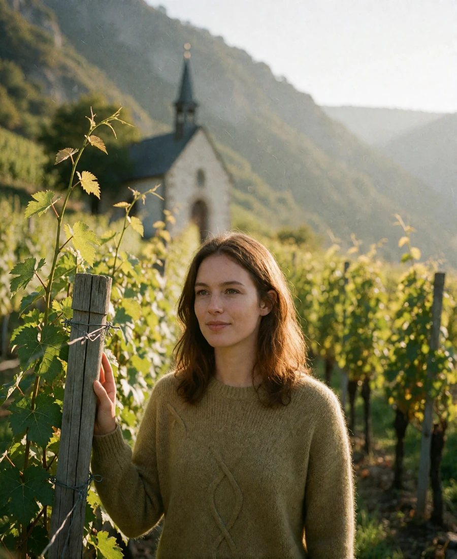 Woman in an olive knit sweater standing on a vineyard path in the Rhine valley beneath the Vaduz hillside