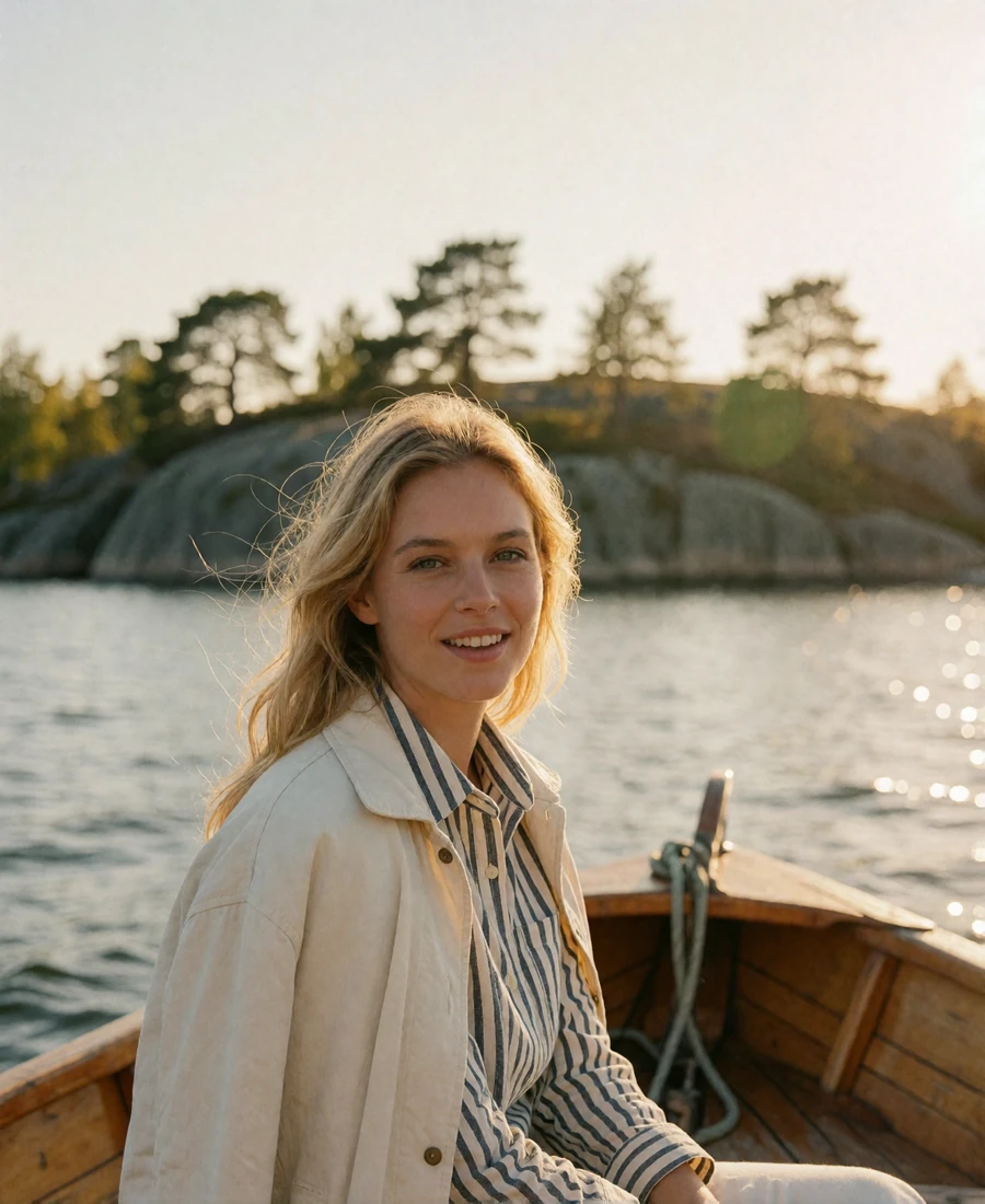 Swedish woman with blonde hair sitting on a small boat in the Stockholm archipelago at golden hour