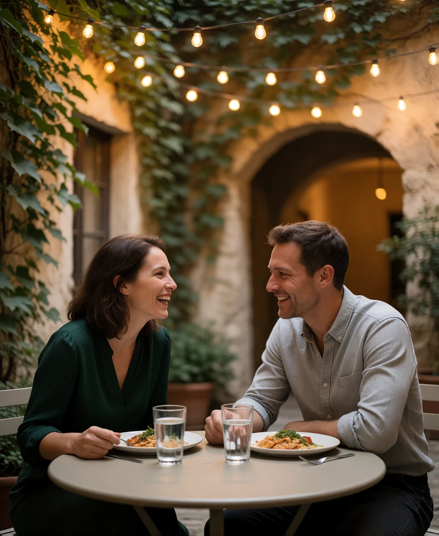 Couple laughing over a small dinner table in a candlelit stone courtyard in the evening