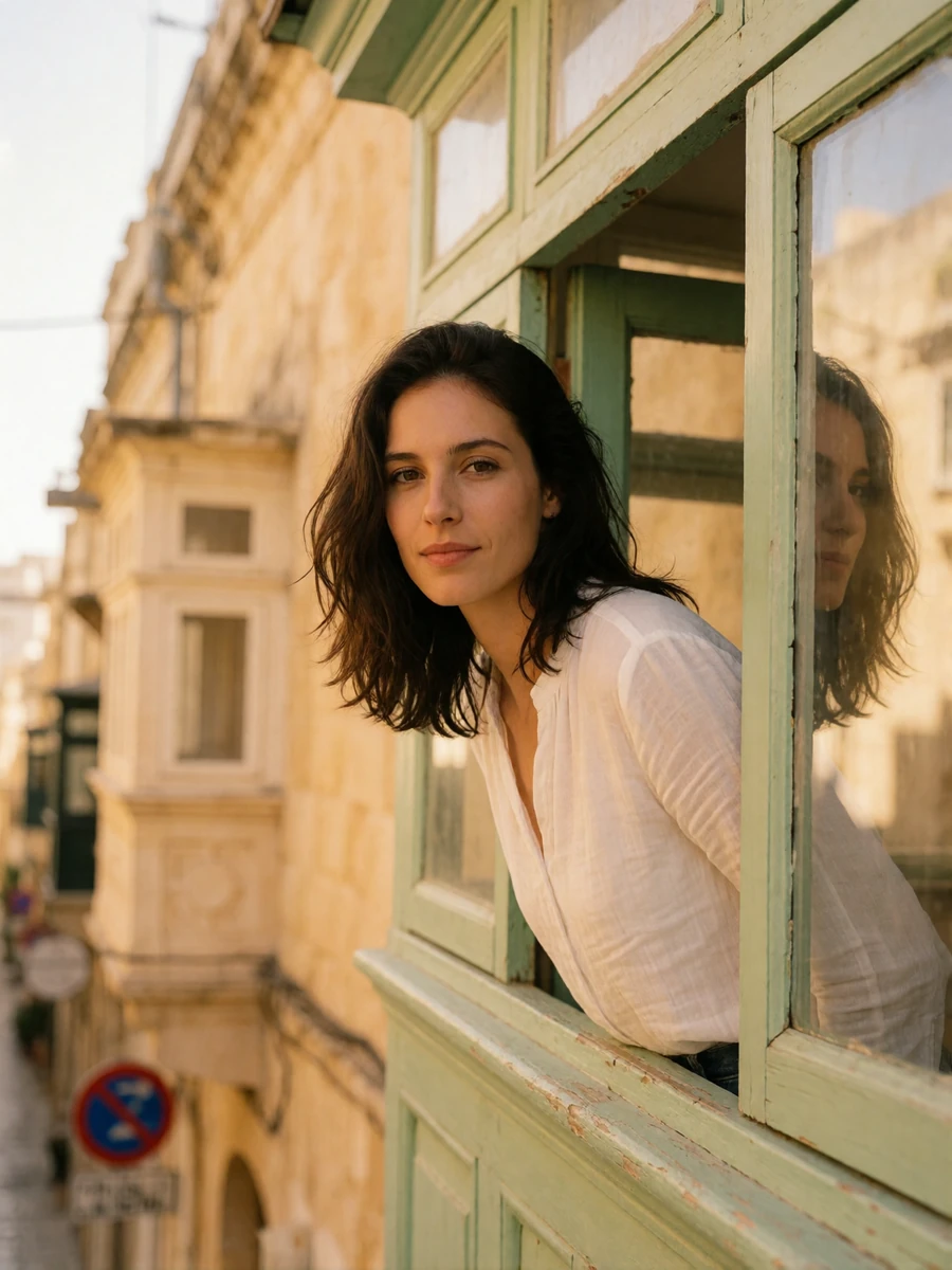 Maltese woman leaning in a traditional green enclosed wooden balcony on a limestone street
