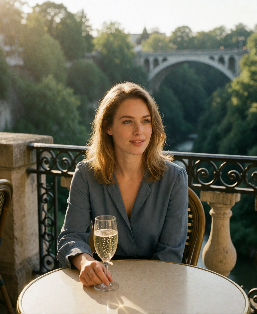Luxembourg woman in a slate-blue blouse smiling at a café table above the Luxembourg City gorge