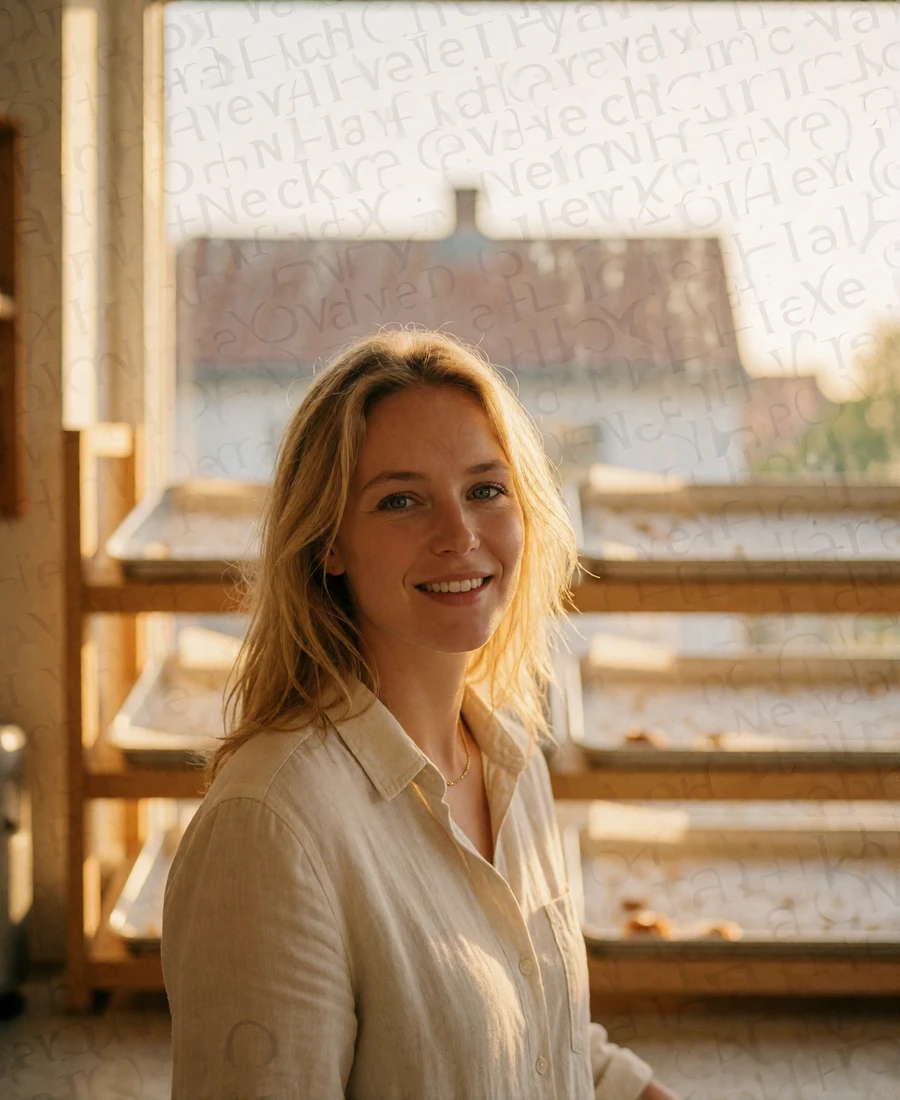 Danish woman with golden-blonde hair smiling behind the counter of a small neighborhood bakery in morning light