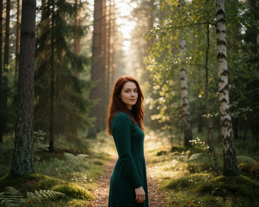 Lithuanian woman in an emerald green knit dress standing on a forest path with dappled sunlight