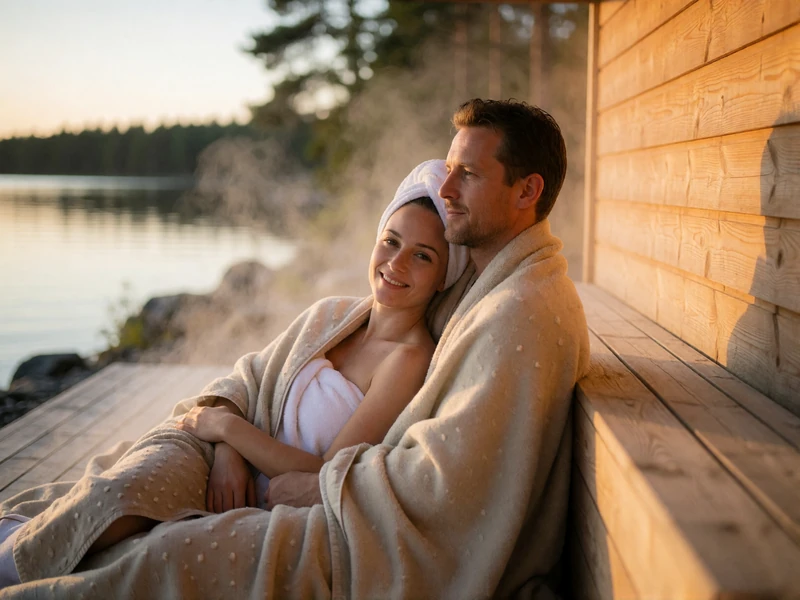 Couple wrapped in wool blankets sitting together on the wooden terrace of a lakeside sauna at evening