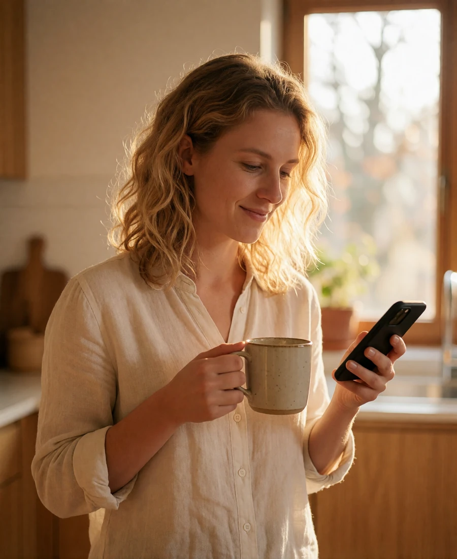 European woman in a linen shirt smiling at her phone while holding a coffee mug in a sunlit kitchen