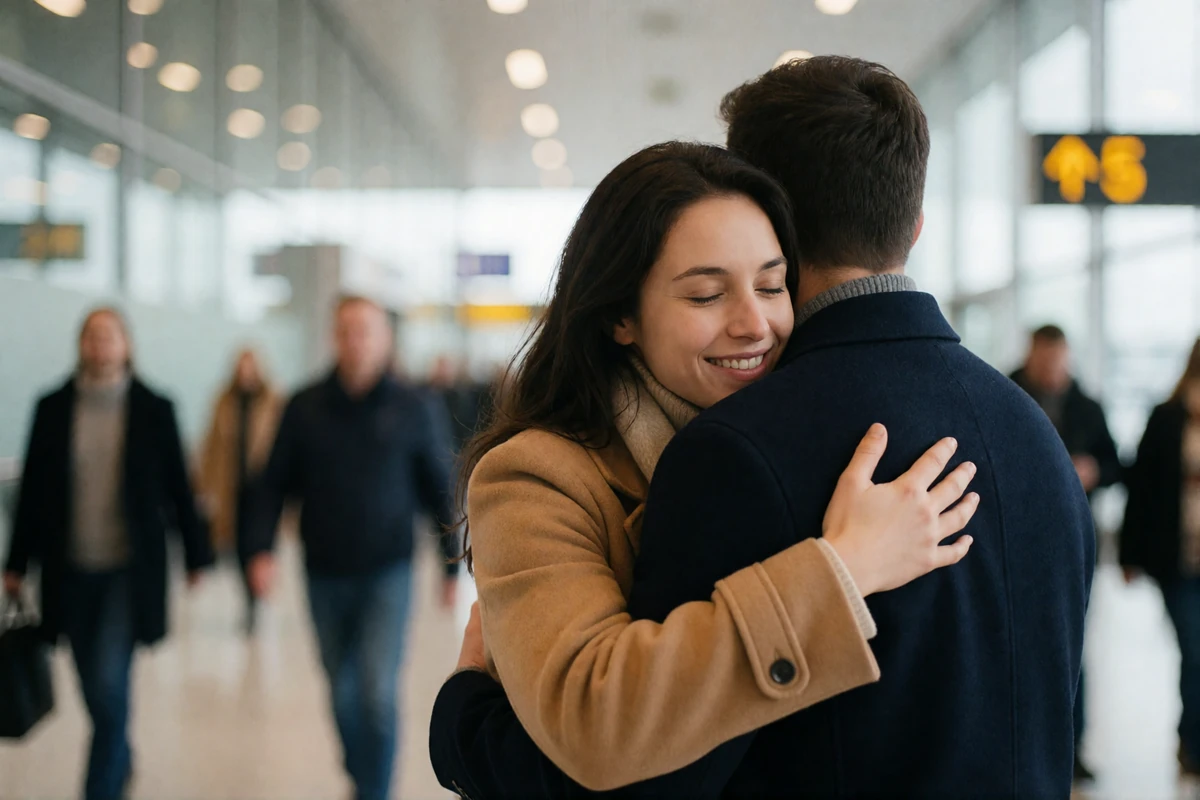 European woman embracing a man in relief and joy during an airport arrivals reunion