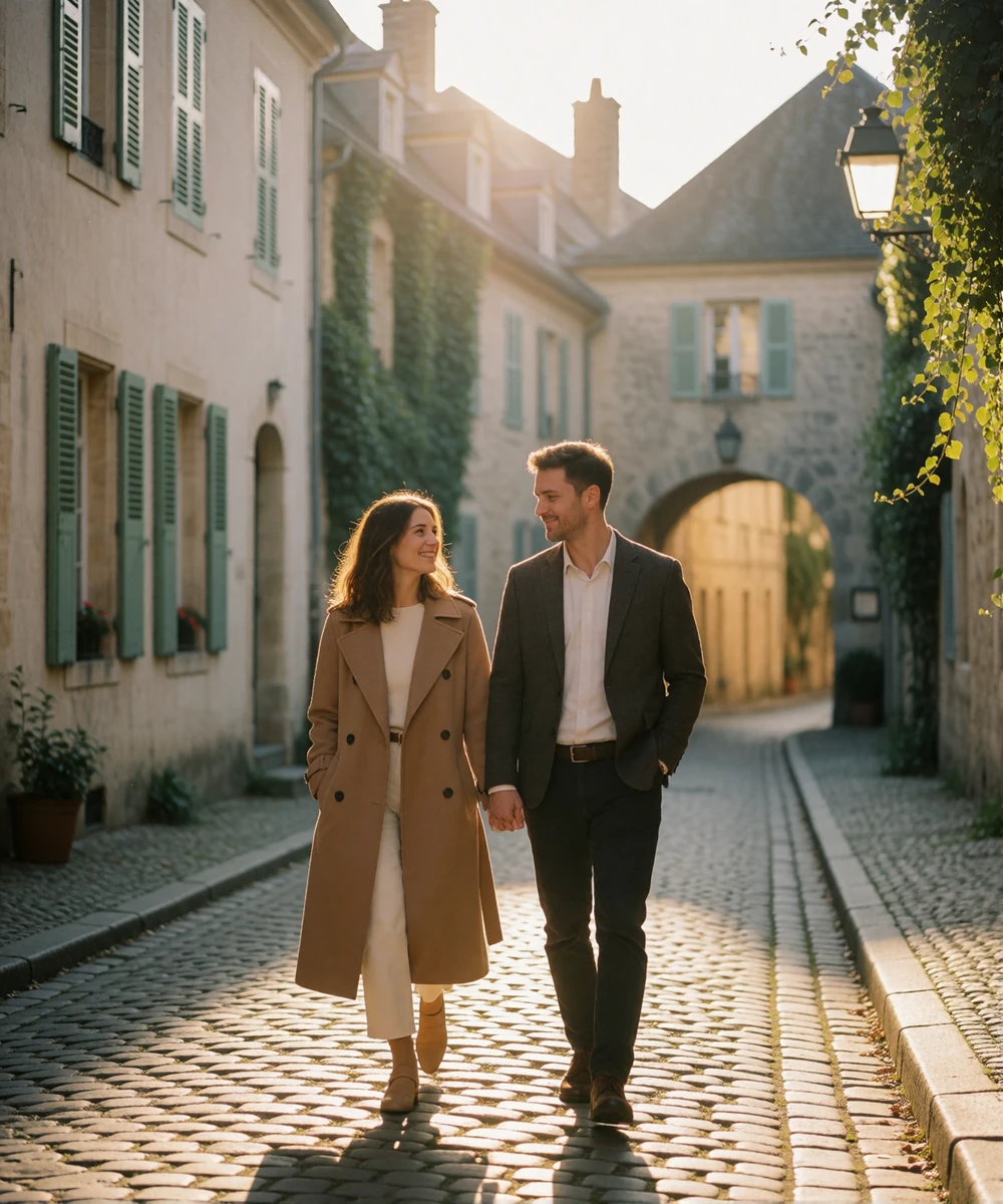 Couple walking along a cobbled lane in the Luxembourg old quarter at golden hour