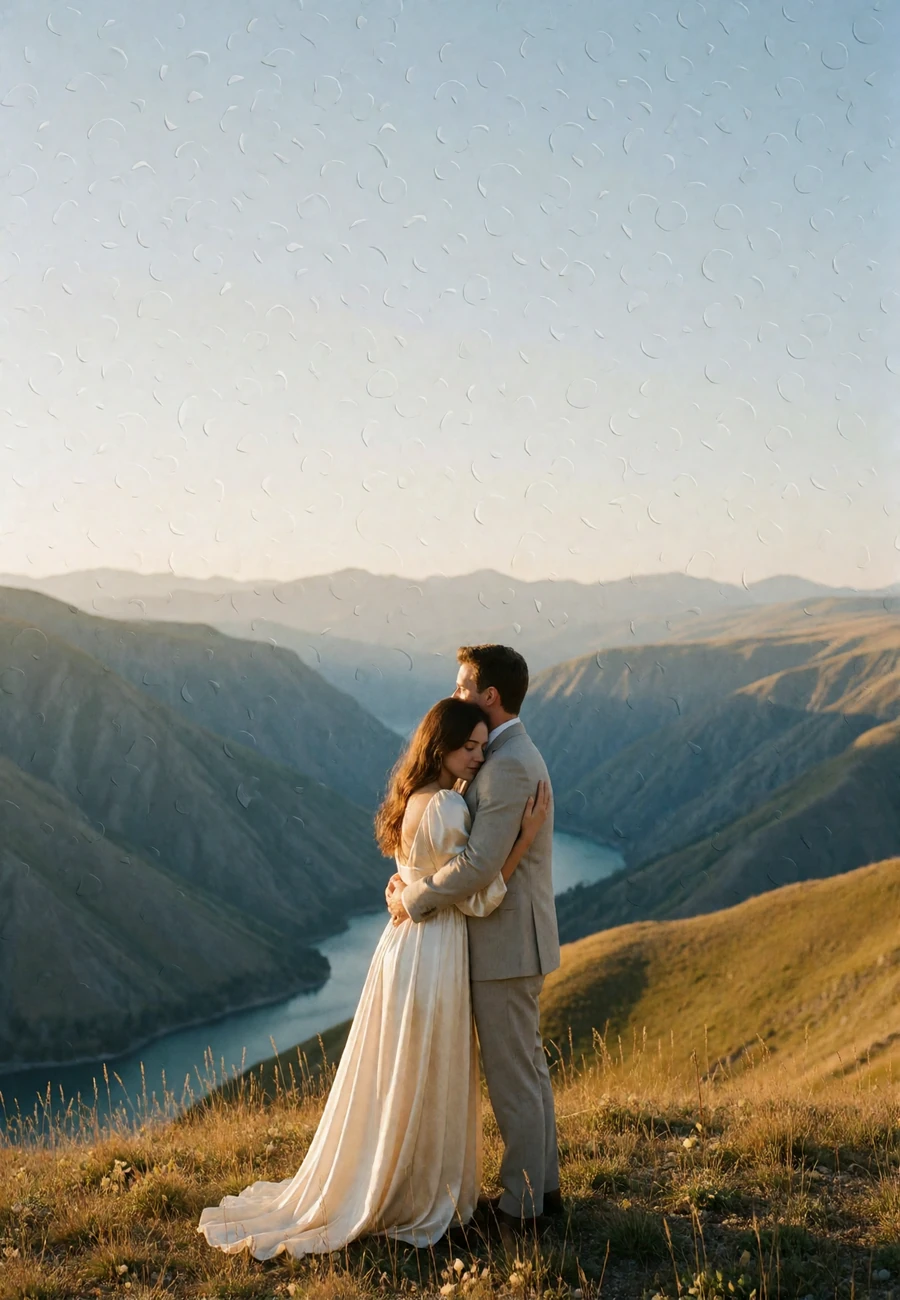 Couple embracing on a grassy alpine summit above a deep river valley at sunset