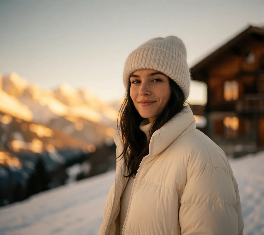 Woman in a cream padded jacket smiling in front of snow-dusted Swiss alpine peaks
