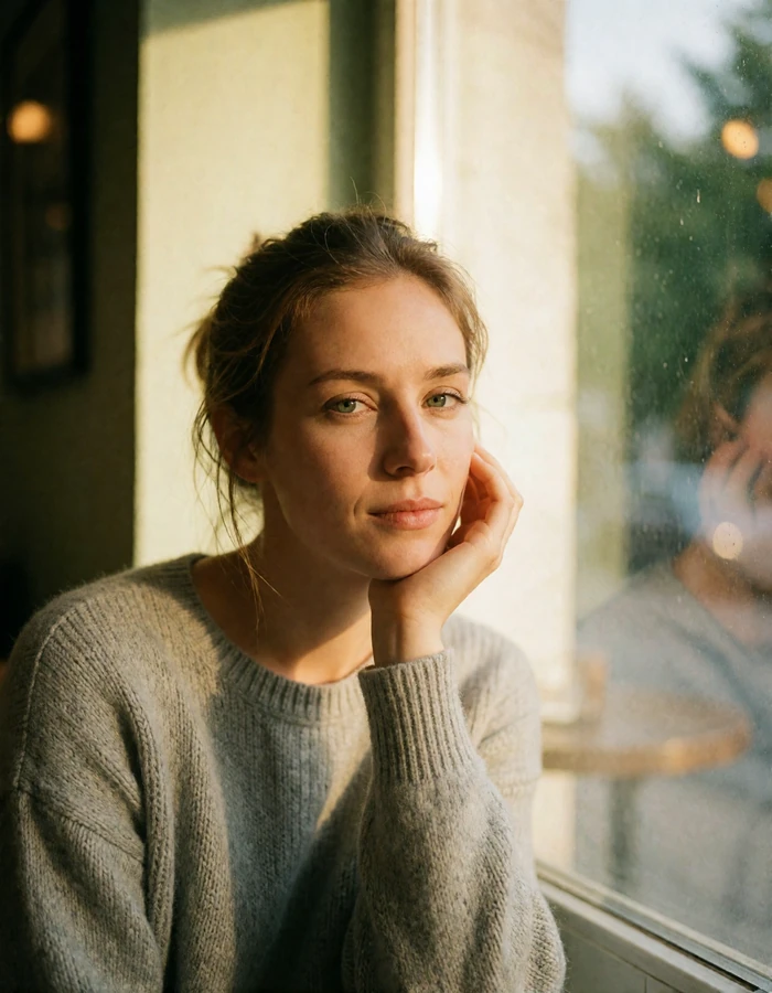 Finnish woman resting her chin on her hand with a thoughtful expression beside a cafe window