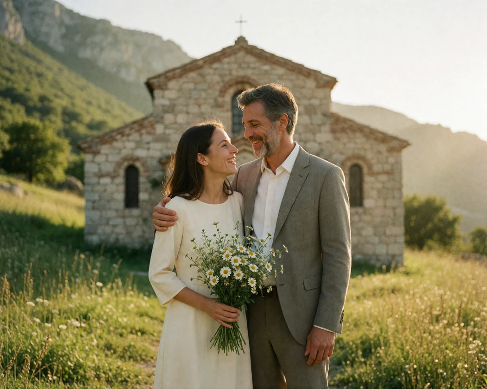Newly married couple outside a small stone church on a green Pyrenean mountainside