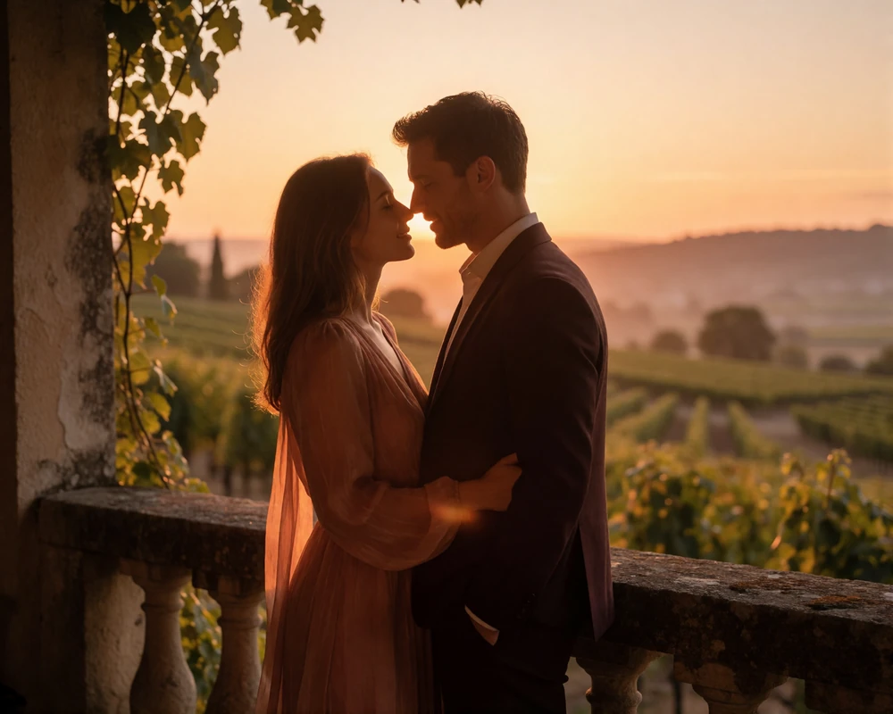 Couple standing close together at sunset on a stone balcony above a French vineyard valley