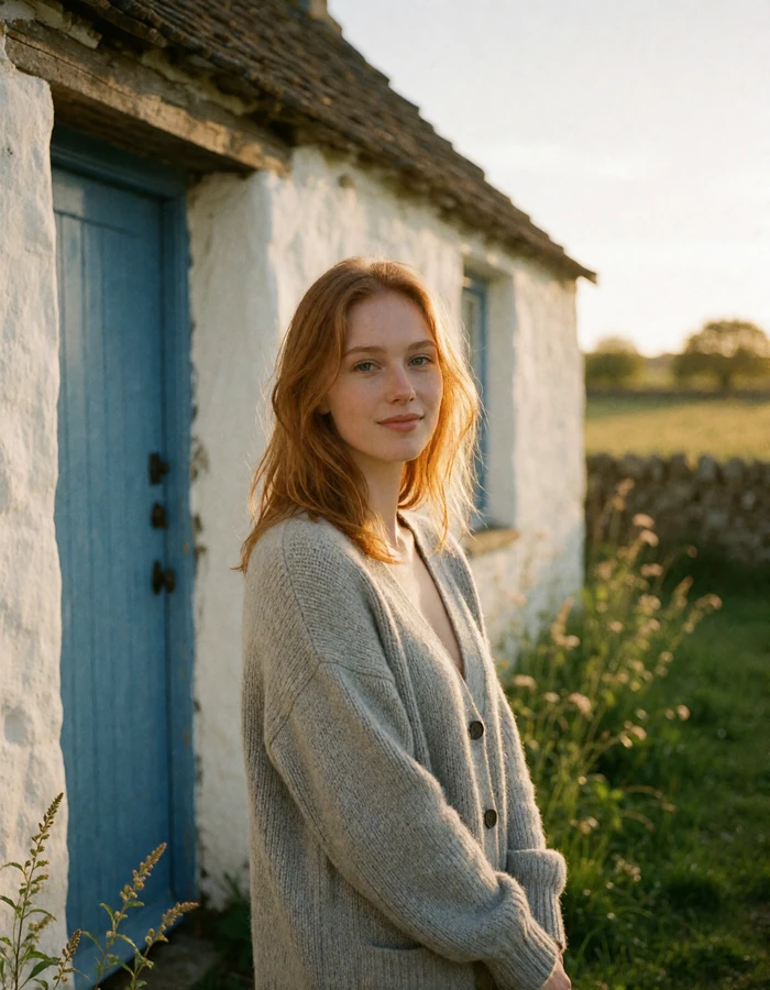 Irish woman with light red hair and a grey cardigan smiling beside a whitewashed country cottage