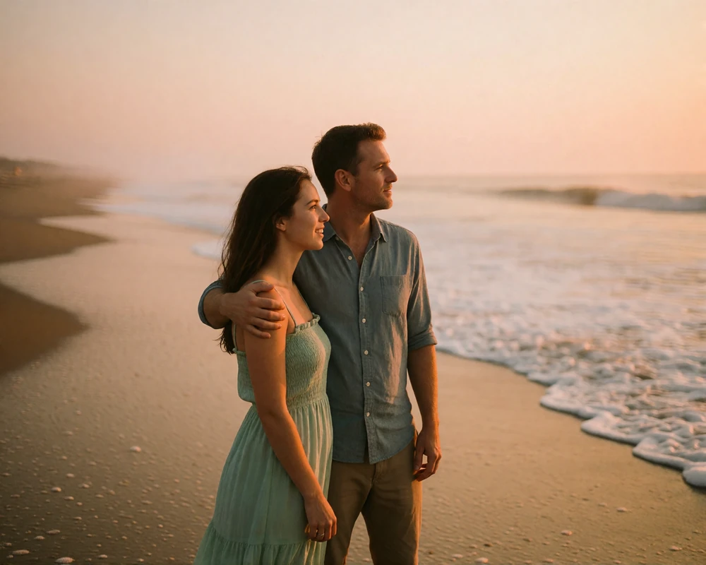 Couple standing together on a wide Atlantic beach at sunset with their arms linked